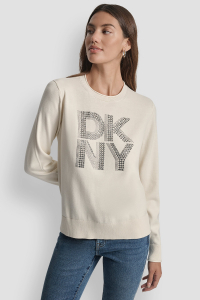 DKNY STACKED RHINESTONE LOGO LONG SLEEVE CREW NECK
