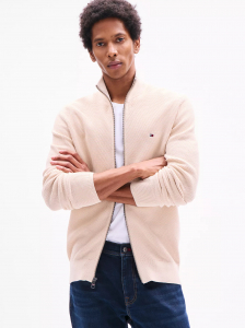 Textured Stitch Zip Mockneck Cardigan