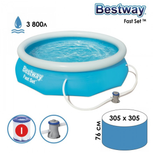 УЦЕНКА Бассейн надувной Fast Set, 305?76 см, фильтр-насос, от 6 лет, 57270 Bestway