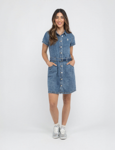 SHORT SLEEVE BELTED DENIM DRESS