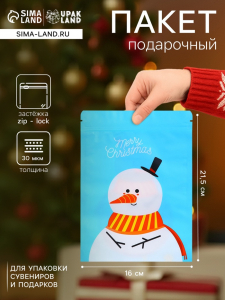 Пакет подарочный новогодний, с zip-lock застежкой, «Снеговик с шарфом», 16?21.5±1 см