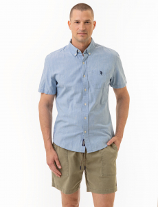 SHORT SLEEVE SLUB CHAMBRAY WOVEN SHIRT