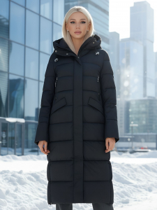 Пальто утепленное стеганное зимнее с капюшоном женское черного цвета 9610Ch