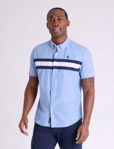 SHORT SLEEVE CHEST STRIPE SLUB CHAMBRAY SHIRT