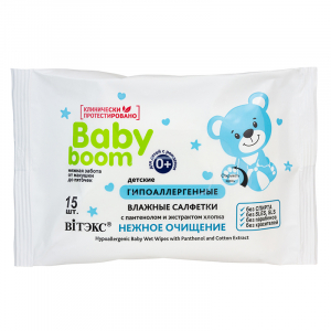 Влажные салфетки детские BABY BOOM спантенолом и экстр.хлопка 15шт Витэкс/20/ОПТ
