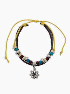 Браслет кожа «Цветок» с бусинами, 3 нити, цветной, d=5 см