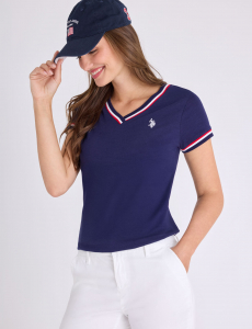 V-NECK SIGNATURE STRIPE TRIM T-SHIRT