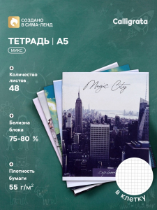 Тетрадь 48 листов в клетку, Calligrata «Города», серые листы, МИКС