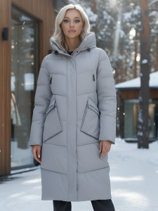 Пальто утепленное стеганное зимнее с капюшоном женское серого цвета 9639Sr