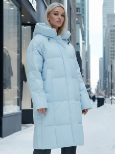 Пальто летучая мышь женское с капюшоном зимнее голубого цвета 9619Gl