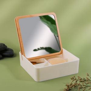 Органайзер для хранения Bamboo, шкатулка для украшений с зеркалом, 4 секции, 15?15?5 см, белый, коричневый
