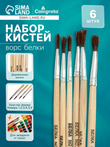 Кисти для рисования, белка, 6 штук: № 1, 2, 3, 4, 5, 6, Calligrata, круглые, деревянная ручка, международный размер