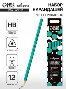Набор карандашей чернографитных 12 штук, Calligrata Classic, заточенные, пластик, трехгранные, зеленые
