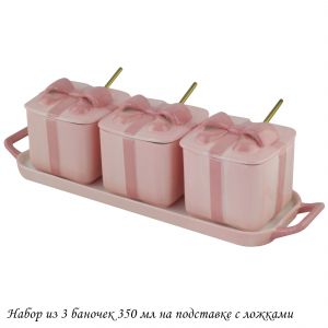 106-343 Набор из 3 баночек 350 мл с ложками на подставке MULTICOLOR  в под.уп.(х12)Фарфор