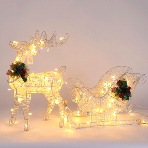 Новогодняя декорация олень с санями с подсветкой 60 см белый