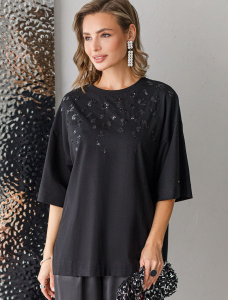 Футболка оверсайз с принтом пайетками из премиального хлопка с эластаном