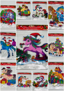 Наклейки новогодние для окон - Лошадки с подарками 17х14 см 12 шт в уп (арт. Z6188-1)