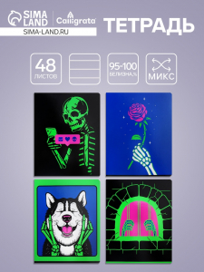 Тетрадь 48 листов в клетку Calligrata «Скелетон», обложка мелованный картон, ВД-лак, флуоресцентная краска, МИКС