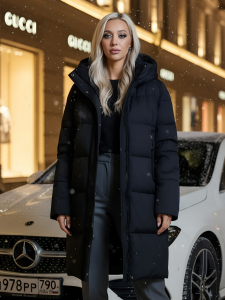 Куртка зимняя женская с капюшоном удлиненная стеганная черного цвета 9629Ch