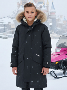 Парка зимняя подростковая для мальчика с капюшоном и мехом черного цвета 9535Ch