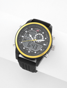 MENS BLACK ANADIGI WATCH W YELLOW ACCENT