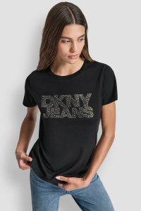 DKNY JEANS STACKED MINI RHINESTONE LOGO CREW NECK