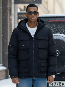 Куртка спортивная мужская зимняя с капюшоном черного цвета 3222Ch