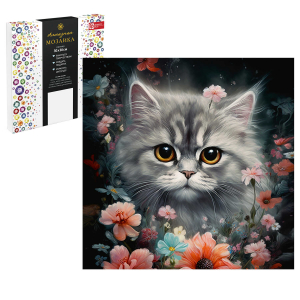 Алмазная мозаика КОТИК В НОЧНОМ ПОЛЕ, 30*30 см, 20 цветов страз, картонная коробка