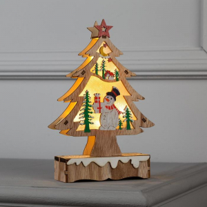 Светодиодная фигура «Ёлка со снеговиком» 12?20?5 см, дерево, батарейки АААх2 (не в комплекте), свечение тёплое белое