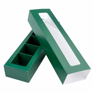 Коробка с обечайкой для 5 конфет с окном 21*5*3 см, Зелёная