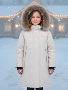 Парка зимняя подростковая для девочки с капюшоном и мехом бежевого цвета 9536B