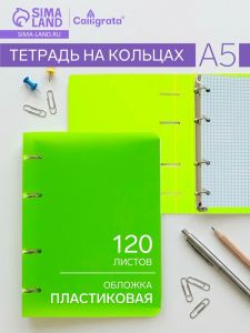 Тетрадь на кольцах Calligrata A5, 120 листов, в клетку, пластиковая обложка, блок офсет, салатовая