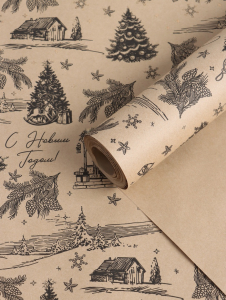 Бумага упаковочная новогодняя, крафт «Зимняя деревня», на буром 75 г/м? 0.7?10 м