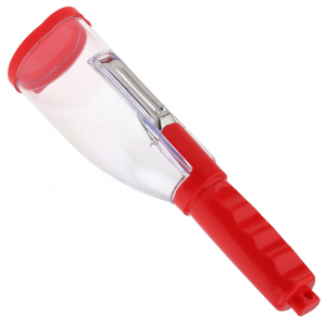 Овощечистка-овощерезка из нержавеющей стали прямая 20х5,3х5,5см, цветное пластмассовое основание, с ручкой, с контейнером, цвета в ассортименте: красный; салатовый, в/эт пакете (Китай)