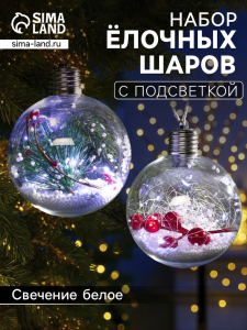 Набор ёлочных шаров «Веточки и шишки», 2 шт., d=10 см, 5 LED, от батареек, свечение белое