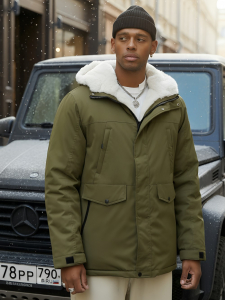 Парка мужская зимняя удлиненная с мехом хаки цвета 8755Kh