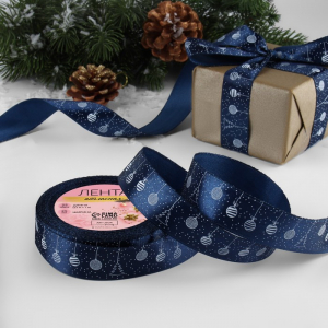 Лента атласная новогодняя «Ёлочные игрушки», 25 мм, 23±1 м, тёмно-синяя