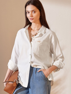 Блузка свободного силуэта в тонкую полоску из эластичного хлопка с добавлением льна