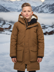 Парка зимняя подростковая для мальчика с капюшоном коричневого цвета 9539K