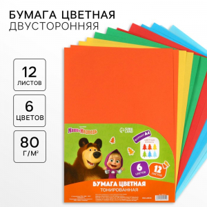 Цветная бумага тонированная, А4, 12 листов, 6 цветов, немелованная, двусторонняя, в пакете, 80 г/м?, «Маша и медведь»