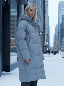 Пальто летучая мышь женское с капюшоном зимнее серого цвета 9619Sr