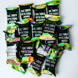 Пастилки фруктовые Ассорти (яблоко, вишня, абрикос, слива, лимон-имбирь) 400г (9шт/кор)