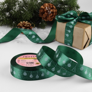 Лента атласная новогодняя «Ёлочные игрушки», 25 мм, 23±1 м, тёмно-зелёная