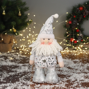 Игрушка мягкая «Дед Мороз в блестящем колпаке» 36?19 см, серебристо-белый