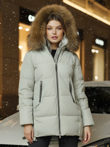 Куртка женская зимняя с мехом енот премиум класса светло-зеленого цвета 381ZS