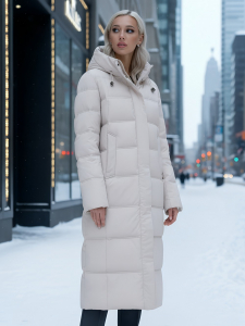 Пальто утепленное стеганное зимнее с капюшоном женское бежевого цвета 9627B