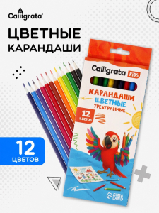 Карандаши Calligrata, 12 цветов, трехгранные, пластиковые, эконом