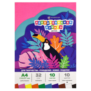 Бумага крепированная, формат А4, 10 листов, 10 цветов, флат-листы