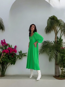 6642 Платье-миди с пышными рукавами салатовое