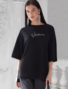 Футболка оверсайз с принтом стразами из премиального хлопка с эластаном